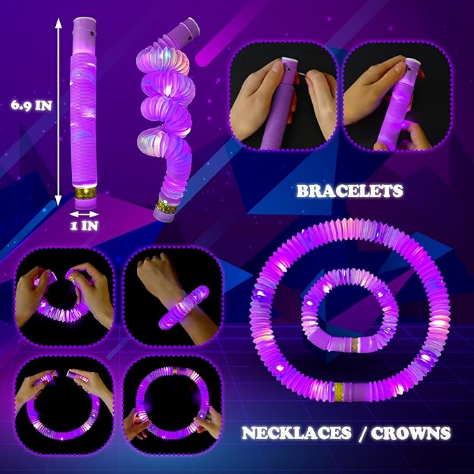 Purple Glow Sticks Pop Tubes, 24PCS Mardi Gras Parade Throws Party Favors, Light Up Necklaces & Bracelets Accessories Decorations, Glow Birthday Wedding Carnival Easter Party Supplies for Kids Adults