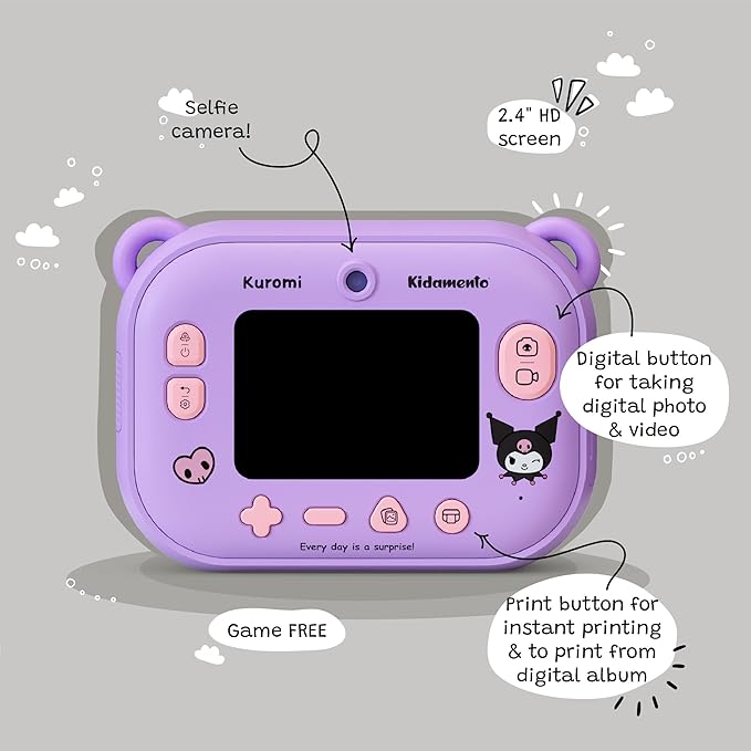 kiimento Sanrio Licensed Instant Print Digital Camera, Best Travel Buddy Kuromi, 2.4” HD Screen, Ink-Free B&W Printing, Selfie Lens, 1080p Video, 32GB Memory Card (Model P)