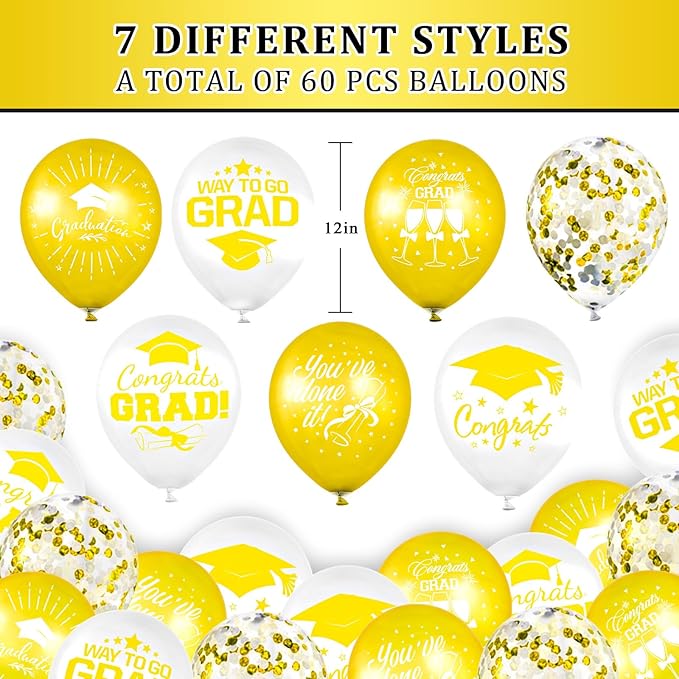 Whaline 60Pcs Graduation Party Balloon Set 7 Designs Confetti Latex Balloon with 2 Rolls Ribbon Class of 2025 Grad Cap Congrats Grad Balloon for Graduation Party Decoration Supplies (Yellow, White)