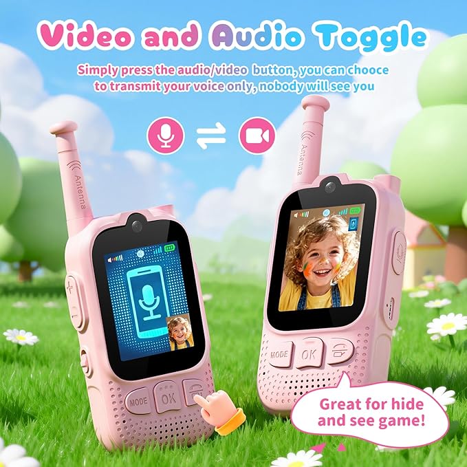 Kids Audio/Video Walkie Talkies, 2 Pack Rechargeable Walkie Talkies for Kids with 2’’ Screen & Camera & Voice Changer, Long Range Boys Girls Toys for Indoor Outdoor Camping Hiking Games (Pink/Pink)