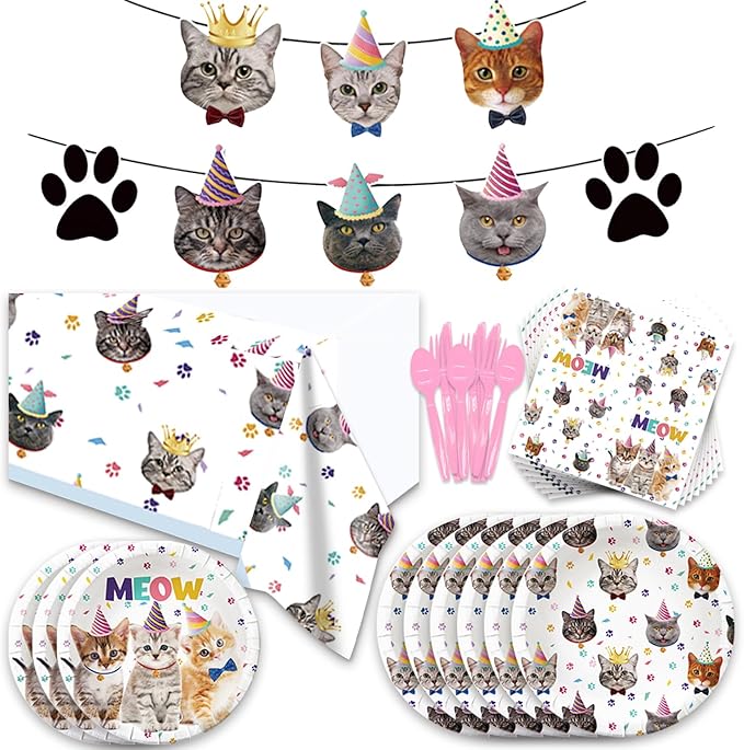 122Pcs Cat Themed Party Supplies for Birthday Party Pet Party Cat Bairthday Decorations Inculde Plates Desserts Plates Napkins Knives Forks Spoons Tablecover Banner Serve 20