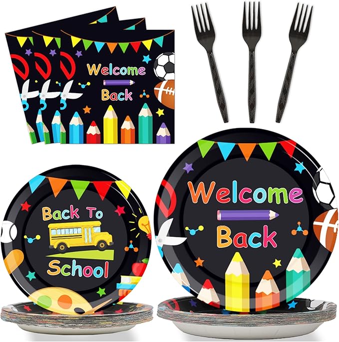 gisgfim 96 Pcs Back to School Party Plates and Napkins Party Supplies School Season Tableware Set Back to School Party Decorations Favors for Kids Serves 24