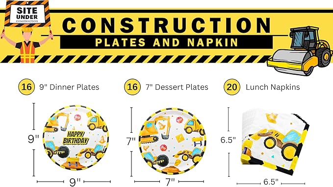 Blue Orchards Construction Plates and Napkins (52 Pieces for 16 Guests) - Construction Theme Birthday Party, Caution Decorations, Excavator Party, Plates and Napkins, Engineering Theme Party