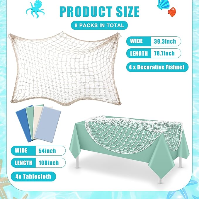 Unittype 8 Pcs Fish Net Decorative and Tablecloth Set, Cotton Fishnet and Plastic Table Cover Decorations Set for Nautical Themed Party Baby Shower Pirate Decorations Mermaid Party (Multiple Color)