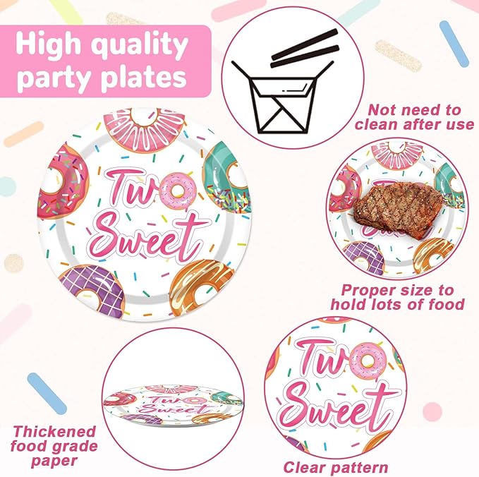 ZOIIWA 98 Pieces Two Sweet Donut Birthday Party Supplies for 24 Guests Girls Donut Tableware Set Baby Girl 2nd Birthday Paper Plates Napkins Tablecloth Decorations Table Cover Dinnerware Party Favors