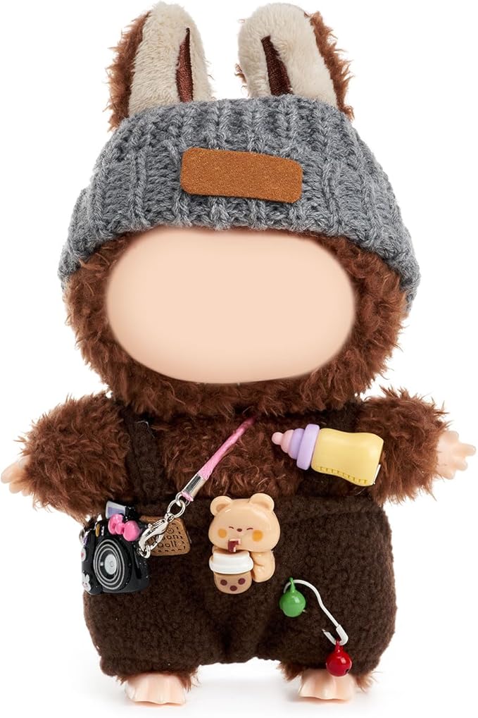 17cm Doll Clothes Set - Brown Feeding Bottle Overalls + Grey Sweater Hat + Black Cartoon Camera
