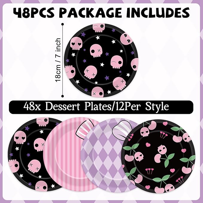 48PCS Kawaii Party Decorations 7" Cute Anime Paper Plates Animations Theme Supplies Cartoon Dessert Tableware Set Adorable Pink Purple Disposable Cake Plates for Kids Baby Shower Birthday Party Favor