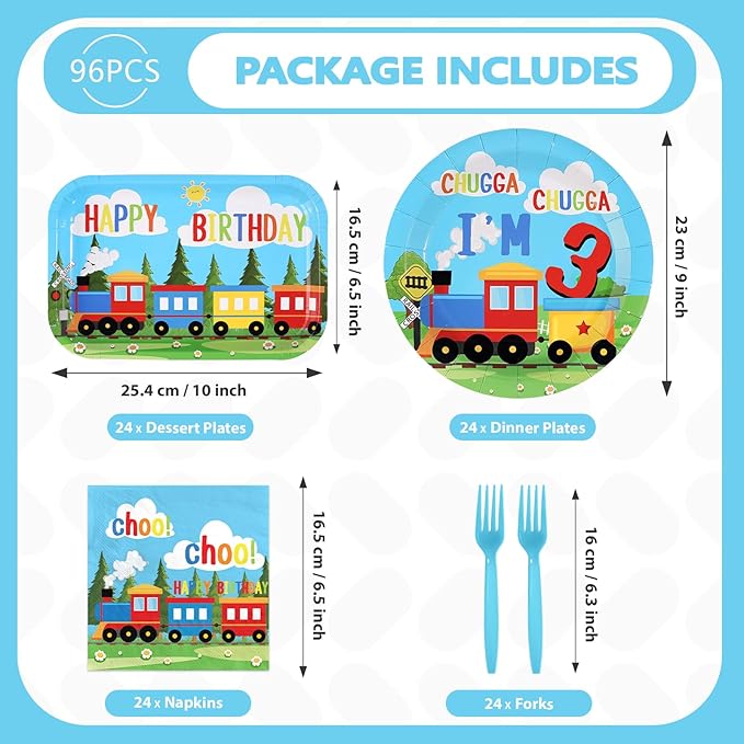 96 Pcs Train 3rd Birthday Party Decorations Chugga Chugga I'm 3 Plates and Napkins Disposable Railroad Transportation Tableware Set for Kids Train Theme 3 Years Old Birthday Party Supplies Serves 24