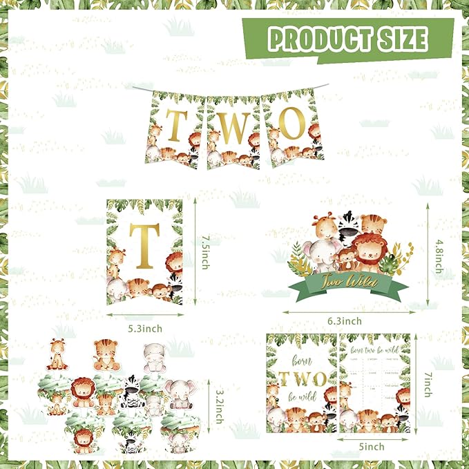 Mpanwen Two Safari Wild Birthday Decorations for 2 Years Old Boys, 158 Pcs Jungle Safari 2nd Party supplies for Baby - Backdrop, Tablecloth, Palm Leaves, Jungle Centerpieces, Banner, Crown and Poster