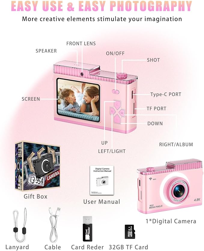 Kids Digital Camera,40MP & 4K HD Digital Camera,MP3,with 32GB TF Card,USB-C Charging,Selfie Kids Camera,Easy-to-Use Children's Camera,Toys for Ages 8-13 Years Old