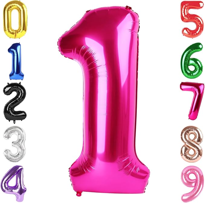 40 Inch Hot Pink Number 1 Balloon, Giant Number 1 Balloons for 11th 12th 21st Birthday Decorations, Party Supplies for Baby Boy Girl, Hot Pink Party Decor