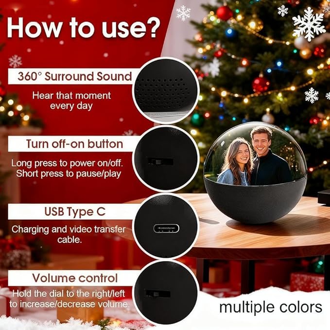 Christmas Memory Sphere Lamp, 2.7Inch Crystal Ball Digital Display Video Player, APP Personalized Videos & Photos Video Gift for Couples Friends Anniversary Birthday Christmas Tree Ornament