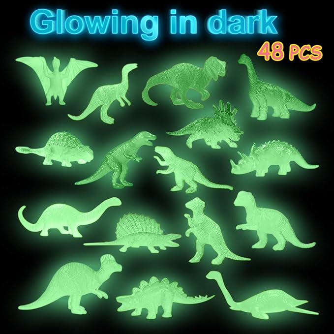 48Pcs Glow in Dark Mini Dinosaur Figures Kids Easter Egg Fillers Basket School Birthday Party Favors Supplies Dino Cupcake Toppers Pinata Goodie Bags Stuffers Classroom Prizes Carnival Bulk Toy Gift