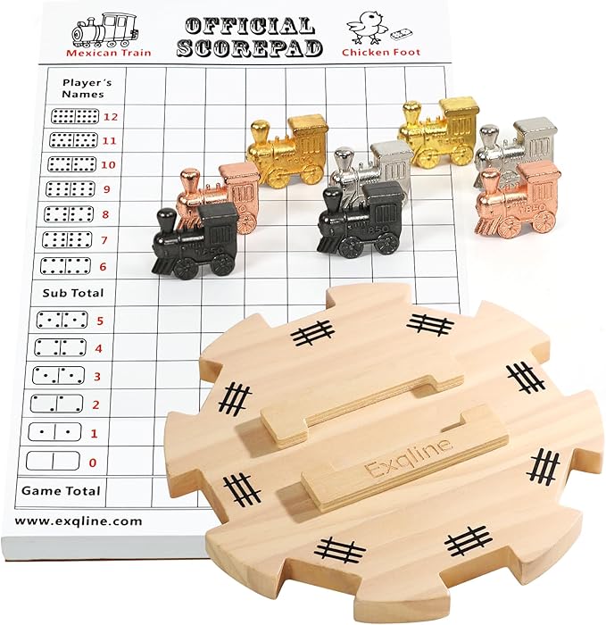 Exqline Mexican Train Dominoes Accessories - with 6.5" Pine Mexican Train Hub, 70-Sheets Mexican Train Score Pads and 8 Colored Die-Cast Train Markers, for Mexican Dominoes Train Game Set