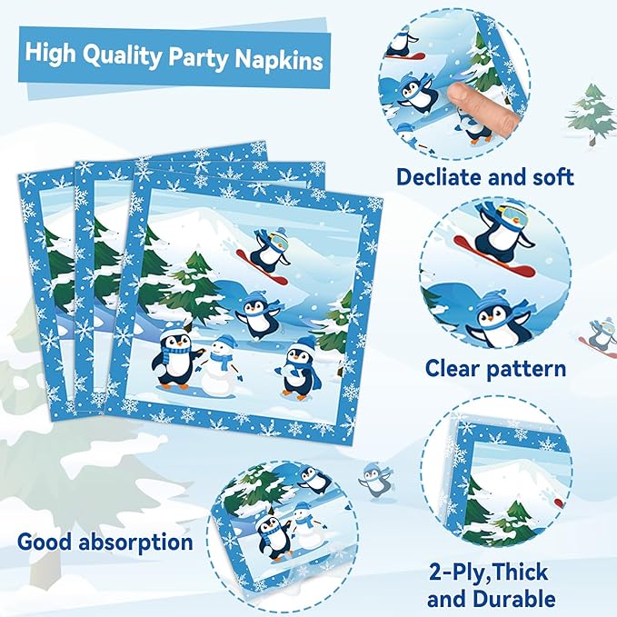 gisgfim 96PCS Penguin Plates and Napkins Party Supplies, Winter Penguin Party Decorations, Favors for Christmas, Holiday & Dinner, Serves 24 Guests
