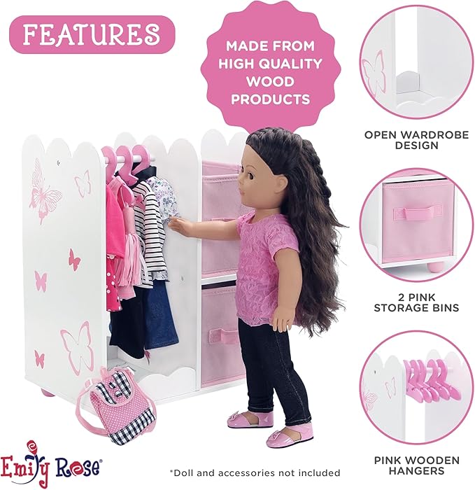 Emily Rose 18" Doll Open Wardrobe Closet - Butterfly Collection Storage Closet with 5 Hangers & 2 Large Fabric Bins | American Girl Compatible | USA Brand