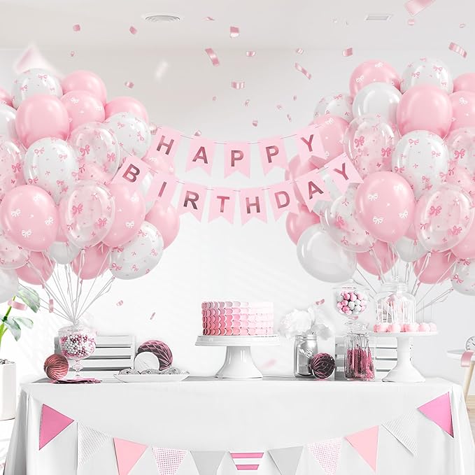 60pcs Pink Bow Balloons 12inch with Pink White Clear Bow Balloons for Pink Coquette Wedding Baby Shower Birthday Party Decorations