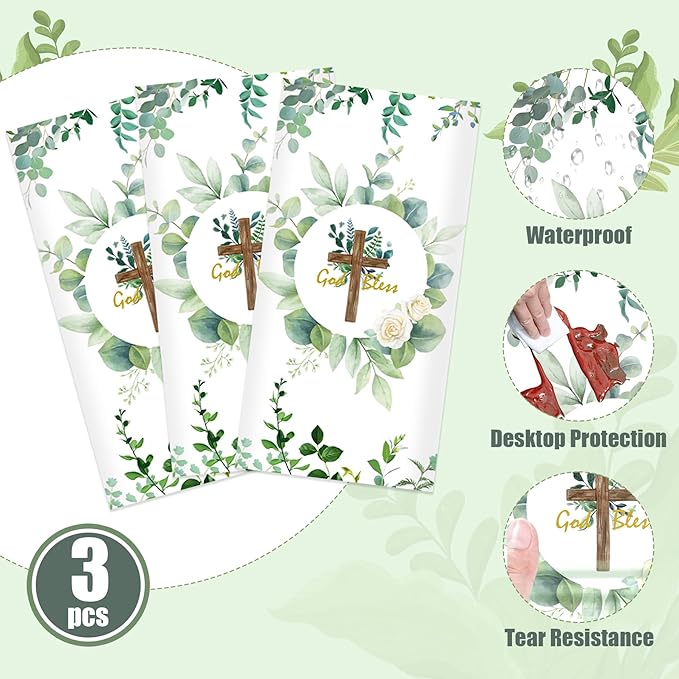 3Pcs God Bless Baptism Tablecloth, 54 x 108 Inch Eucalyptus Leaf Cross Religious Table Cover, Sage Green Plastic Tablecloth for Baby Showers, First Communion Decorations