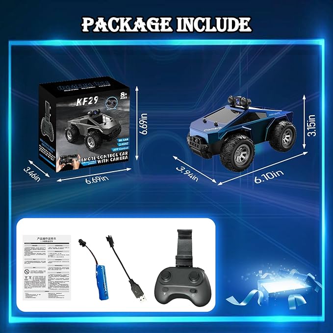 RC Car with Camera, 1/28 RC Monster Truck Toys with 720P HD FPV Camera, High Speed All-Terrain Remote Control Car, Racing Vehicle with Blinking Body Lights for Adults, Kids, Boys, Dual Control Modes