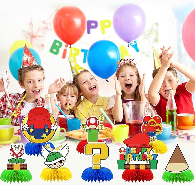 8Pcs Super Brother Birthday Party Supplies,Super Brother Honeycomb Centerpieces,Super Brother Theme 3D Table Decorations
