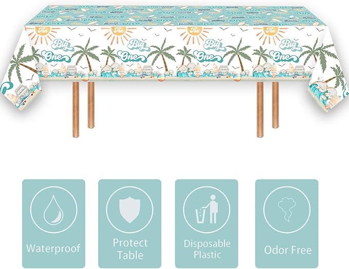 Letromp Surf The Big One Tablecloth Surfing 1st Birthday Table Covers for Hawaiian Palm Tree Retro Summer Beach Wave Theme Boy Surfing First Birthday Baby Shower Party Decorations Supplies
