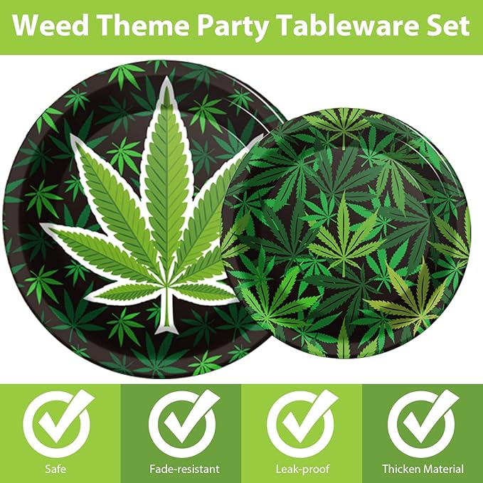 Gisgfim 98 Pcs Weed Themed Party Supplies - Green Pot Leaves Birthday Party Plates, Tablecloth & Decorations for Adults - Tableware Paper Forks, Napkins & Plates for 24 Guests