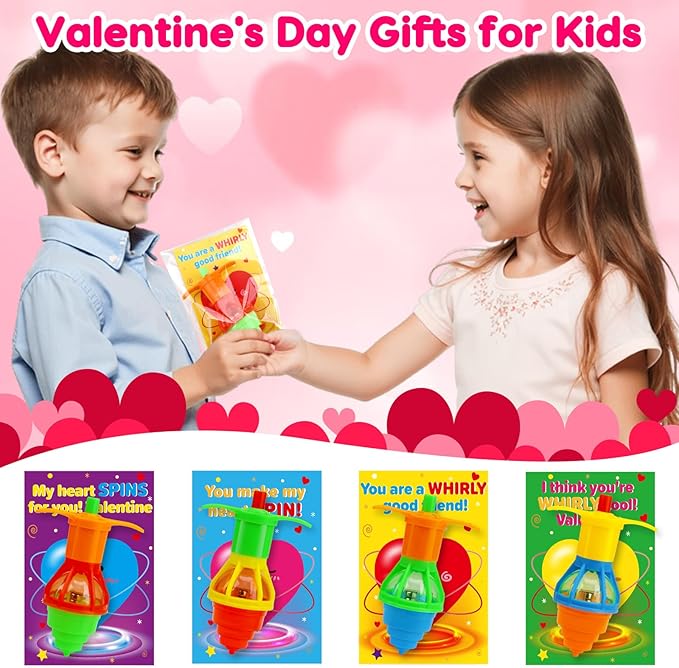 25PCS Light Up Spinning Tops Valentines Day Gifts for Kids School Funny Valentine Exchange Cards for Kids Classroom Toddler Boy Girl Valentine’s Class Party Favors Goodie Bag Stuffers Bulk Prizes
