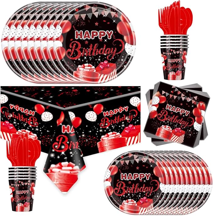 81PCS Red and Black Birthday Party Tableware Supplies Set, Red Party Confetti Sprinkles Happy Birthday Party Decorations