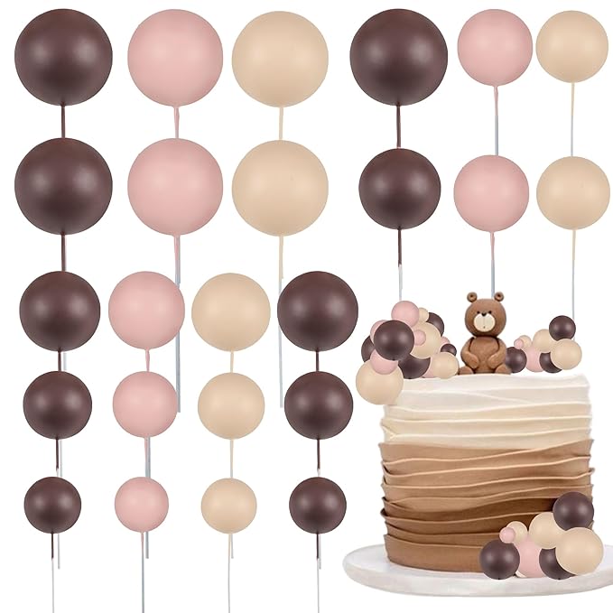 Gyufise 30Pcs Mini Balloon Cake Topper Brown Foam Ball Cake Topper Decorations Faux Pearl Balls DIY Cake Insert Topper Baking Decoration for Wedding Baby Shower Girls Boys Birthday Party Supplies