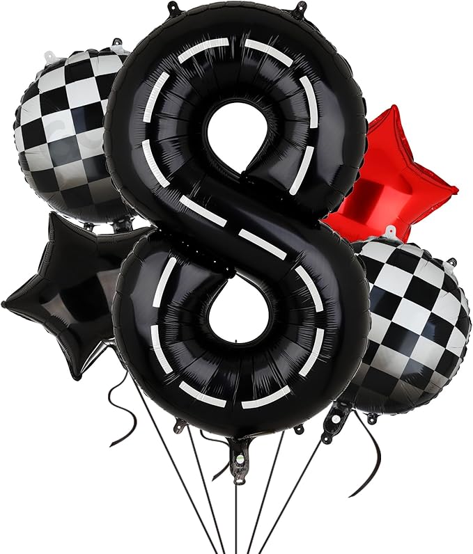 Race Car Birthday Balloons 40 Inch Racetrack Number Balloon 8 Black Boys 8st Birthday Race Car Theme Party Decor Supplies 5 Pcs