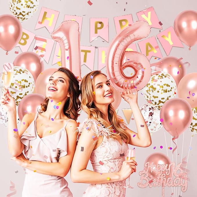 Rose Gold 16 Birthday Decorations, 16th Happy Birthday Party Decorations Set For Girl Woman Princess With Number 16 Balloons Gold Confetti Latex Balloons Flag Banner Fringe Curtain Cake Topper