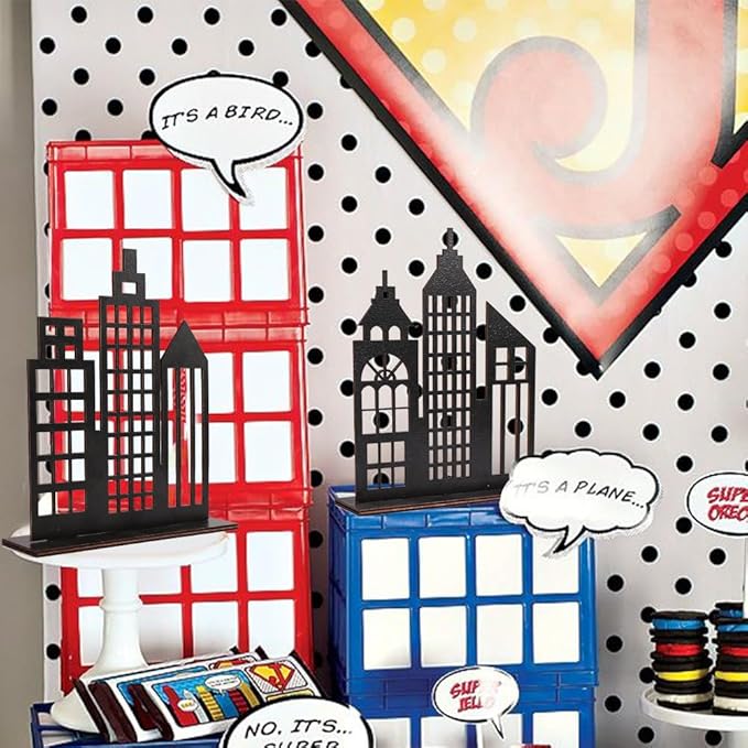6 Pcs Super Hero Party Decorations, 2 Style Wooden Hero Theme Skyscrapers Table Decorations, City Skyline Buildings Centerpiece Sign Decor for Hero Theme Comic Birthday Party Supplies