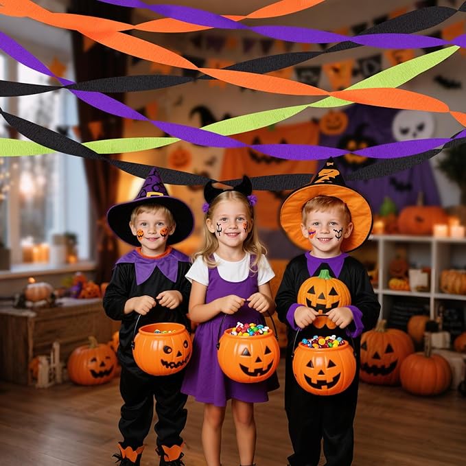 Riqiaqia Halloween Streamers, 8 Rolls Black & Orange Crepe Paper Streamers for Halloween Party Decorations, Birthday & Home Backdrop Decorations