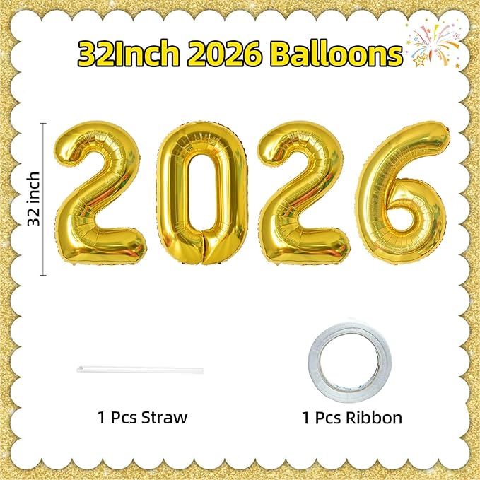 KALOR 32 Inch 2026 Gold Foil Number Balloons, 2026 New Years Decorations for 2026 Happy New Year Eve and Graduations Party Supplies