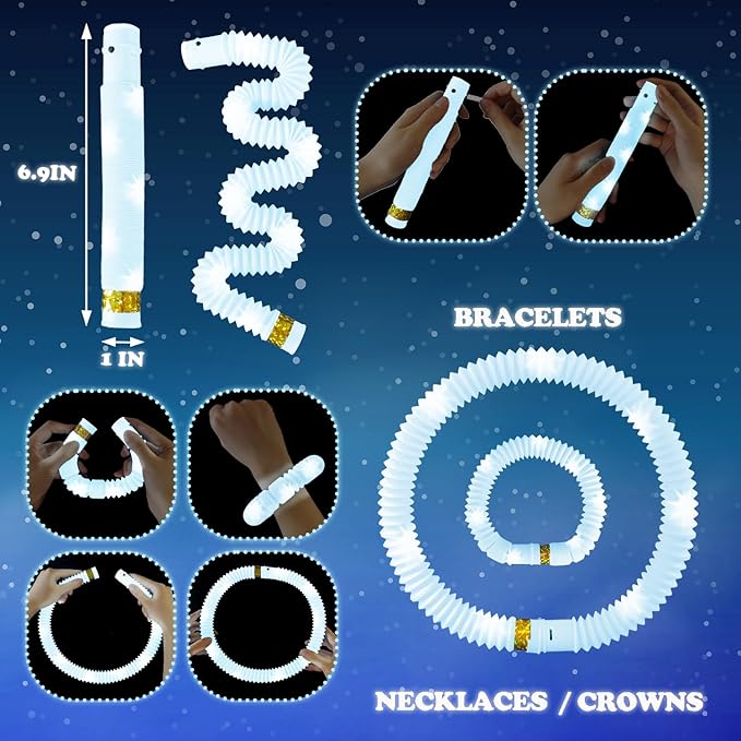 24 PCS White Glow Sticks Party Favors for Kids, LED Light Up Necklaces Bracelets Accessories for Toddlers, Glow Birthday Valentines Day Mardi Gras Party Supplies Decorations for Boys Girls