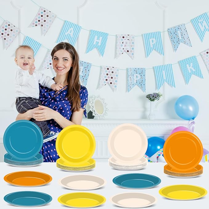 48Pcs Here Comes The Son Party Paper Plates for Retro Blue Orange Mustard Yellow Table Supplies 7" First Trip Around The Sun Boho Disposable Dessert Tableware for Boy Birthday Baby Shower Decorations