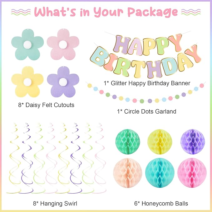 Amandir Pastel Birthday Decorations for Girls Women, Happy Birthday Banner with Honeycomb Balls, Daisy Flowers Hanging Swirls, Circle Dots Garland, Pastel Spring Easter Party Decorations Supplies