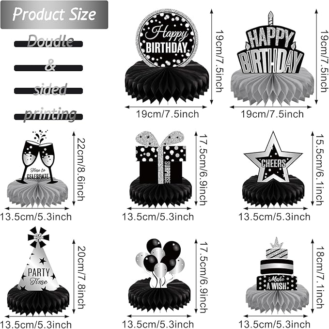 Pajean 8 Pieces Sliver and Black Birthday Party Honeycomb Centerpieces Sliver Black Table Centerpieces Decorations Table Centerpiece Sign for Kids Adults Party Supplies