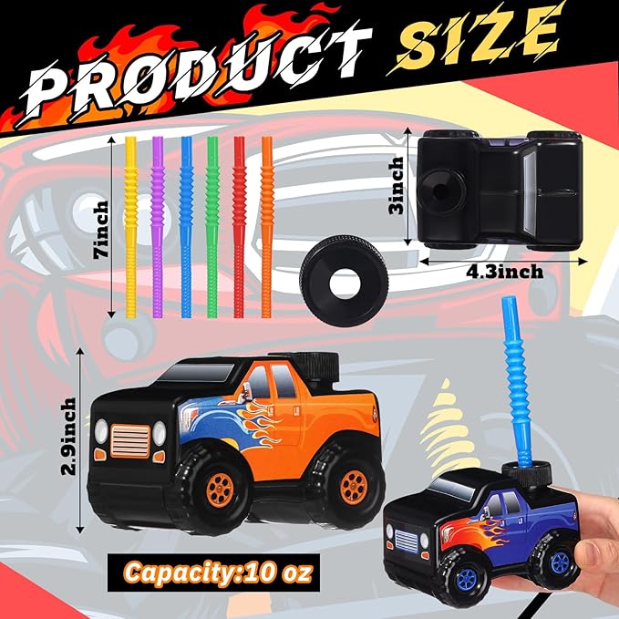 Tanlade 12 Pcs Monster Truck Road Cups with Straws, Plastic Vehicle off Road Drink Cup Reusable Truck Cups Bulk Race Car Birthday Party Favor Supplies for Racing Party Supplies (Splicing Color)