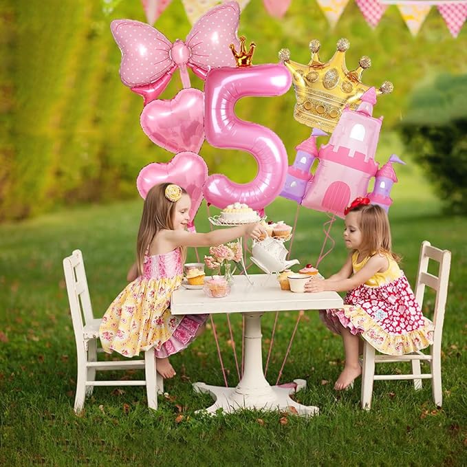 Princess Balloons for 5th Birthday Decorations Girl Castle Balloons Large Pink Crown Number 5 Balloon Pink Foil Balloon for Princess Birthday Party Decorations Supplies