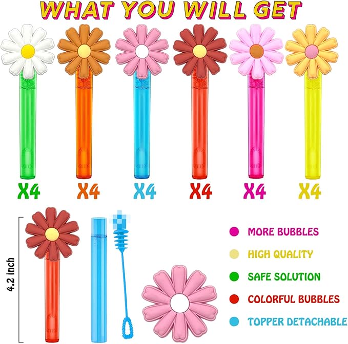 Groovy Party Favors,24Pcs Retro Hippie Daisy Bubble Wand for Groovy Birthday Party Supplies,Classroom Prizes Pinata Goodie Bag Stuffers Gifts