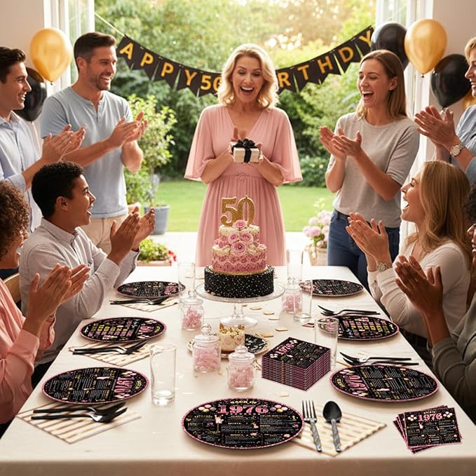 96Pcs 50th Birthday Decorations Women Tableware Set Rose Gold Back in 1976 Paper Plates Napkins Forks Cheers to 50 Years Disposable Tableware Decor for 50th Bday Theme Party Favor Serve 24 Guests