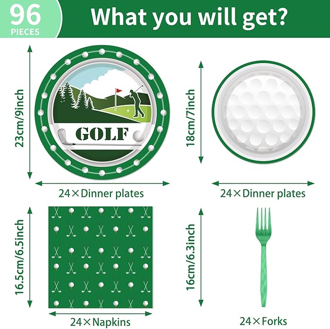 Golf Plates and Napkins Party Supplies -96PCS Golf Themed Birthday Party Decorations Golf Paper Disposable Tableware Set for Birthday Retirement Baby Shower Serve 24 Guests