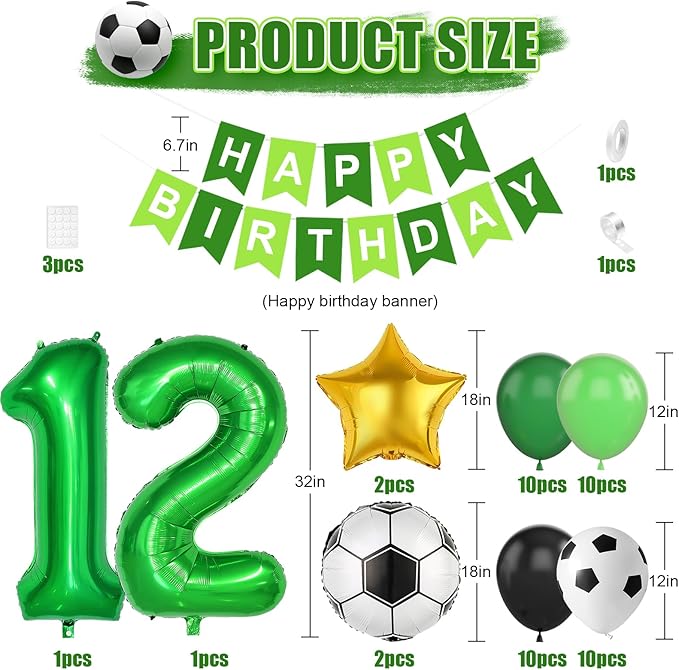 Soccer Birthday Party Decorations for Boys, 12th Soccer Birthday Decoration with Green Black White Balloons 'HAPPY BIRTHDAY' Banner Cake Toppers 32in Foil 12 Balloon for Boys Sports Party Decor