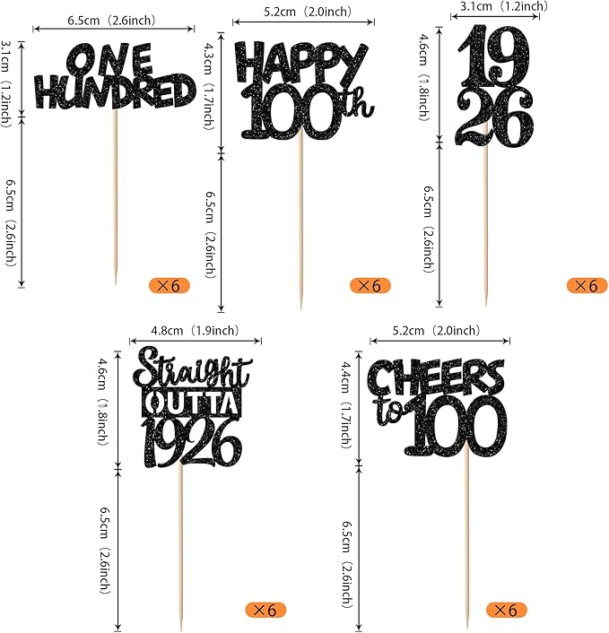 30PCS Black 100th Birthday Cupcake Toppers Glitter One Hundred Years 100 Fabulous Happy 100 Straight Outta 1926 Cupcake Picks for 100th Birthday Anniversary Party Cake Decorations Supplies