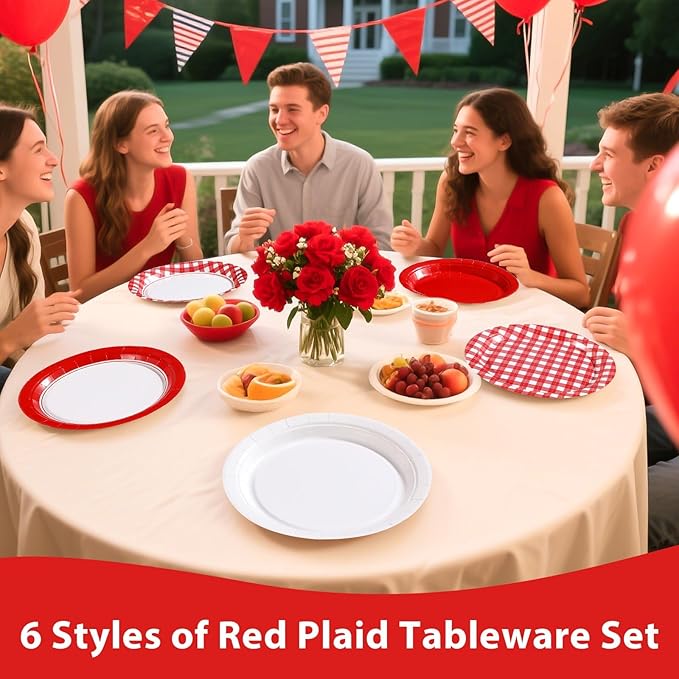 60Pcs Red Gingham Paper Plates 9" Heavy Duty Red and White Checkered Dessert Plate Disposable Plaid Solid Color Gingham Party Supplies for Summer Pizza BBQ Picnic Baby Shower Birthday Party Decoration