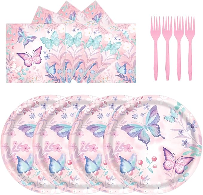 72Pcs Butterfly Plates and Napkins, Butterfly Birthday Paper Plates and Napkins with Forks Disposable Tableware Set for Girl Butterfly Birthday Decorations