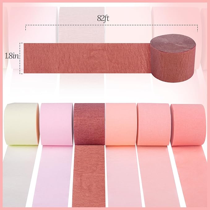 Crepe Paper Streamers Party Decorations, 6 Rolls Pink Rose Gold Party Streamers for Wedding, Birthday, Bachelorette, Baby Bridal Shower Party Decorations