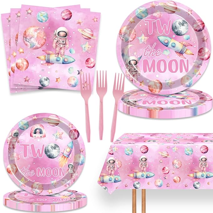 51 Pcs Outer Space Girls 2nd Birthday Party Supplies - Two The Moon Decorations & Tableware Includes Table Cloth, Plates, Napkins, Forks for Pink Space Two Years Old Party