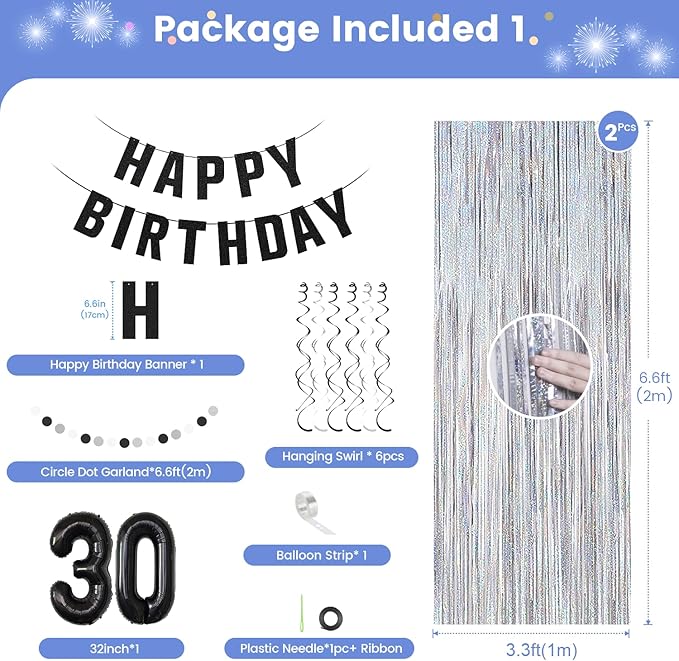 30th Birthday Decorations for Boys Girls, Silvery and Black Happy 30th Birthday Banner ,Number 30 Balloons Arch Kit for 30 year old Birthday Party Decorations